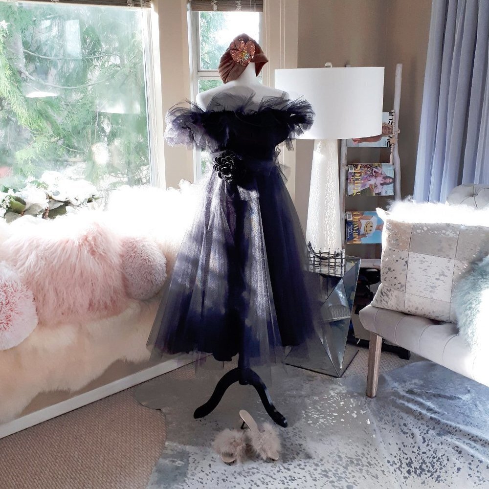 NWOT Imperial Maska Mode black tulle organza tiered ruffle long holiday dress, M - Picture 2 of 15